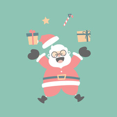 merry christmas and happy new year with cute santa claus and present gift, flat vector illustration cartoon character costume design