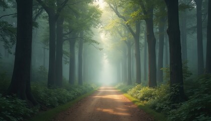 Obraz premium Forest path, tall trees, mist, sunlight. Sunlight rays pierce through fog, creating ethereal moody scene. Trail leads through woods. Nature landscape, outdoor adventure. Peaceful environment.