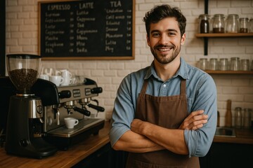 Fototapeta premium Barista smiling in cozy cafe.