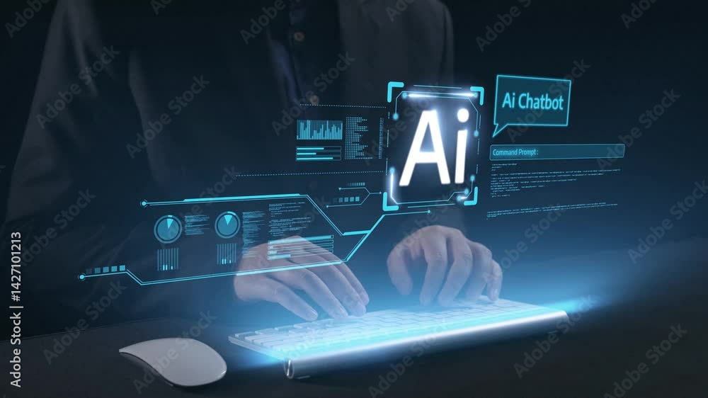 Poster human interact with ai artificial intelligence virtual assistant chatbot in concept of ai artificial