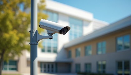 Modern school campus security system, surveillance cameras provide safety monitoring during daylight hours. Technology infrastructure improves open space visibility. Modern architecture, amenity for