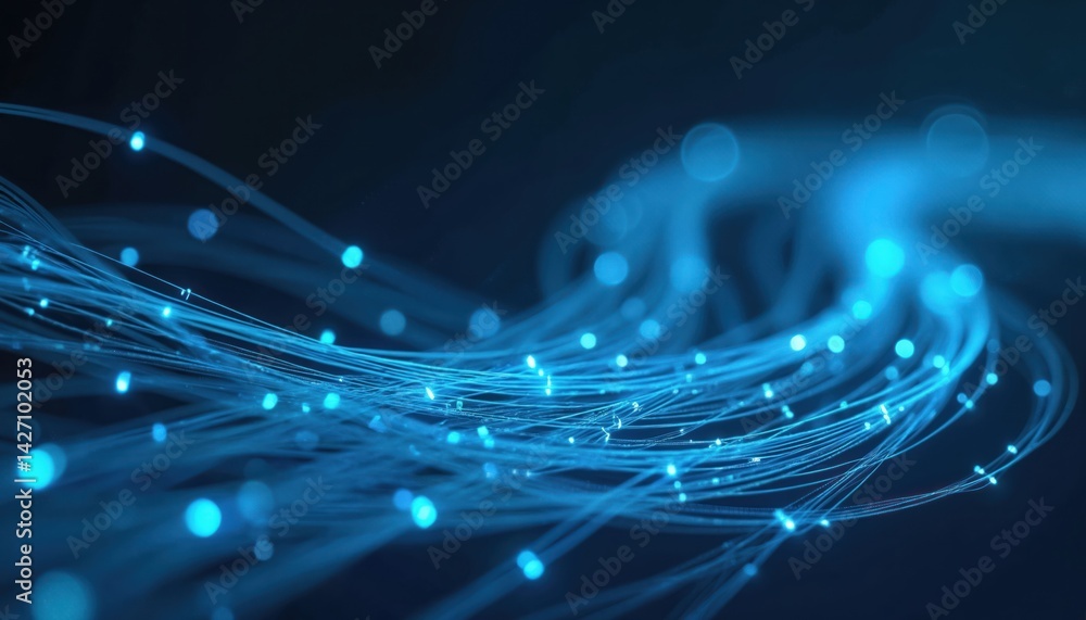 Poster close-up of optical fiber network cables, abstract background. blue glowing light with blurred effec