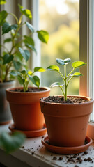 Obraz premium A small potted plant sprouting from soil by a window.