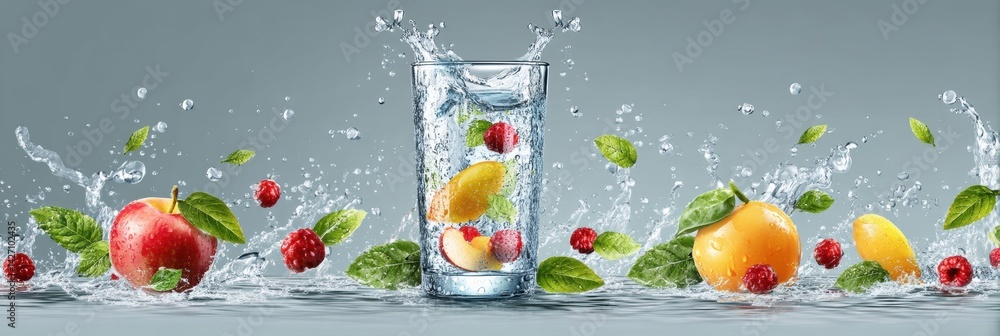 Poster refreshing splash of clean water with fruits and mint for a vibrant hydration concept in a modern se