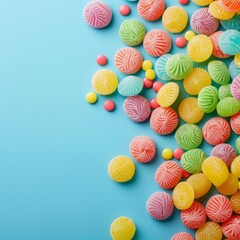 Blue background with a bunch of colorful candies