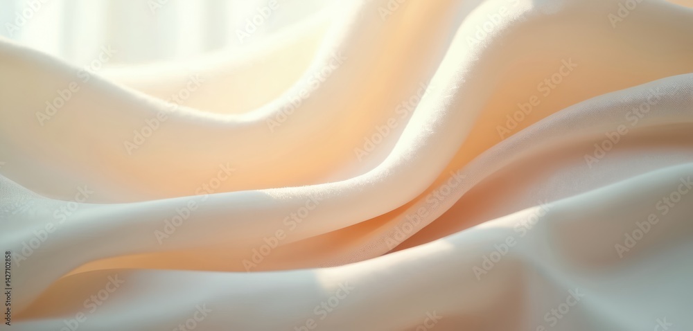 Poster Elegant semitransparent flowing fabric with soft texture. White, peach colors. Delicate folds create waves, shadows. Artistic feel ideal for fashion, wedding design backgrounds. Soft silk cloth,