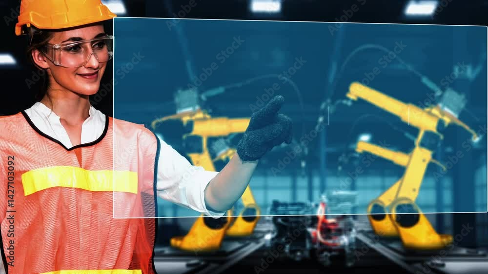 Poster engineer use cybernated robotic software to control industry robot arm in factory . automation manuf