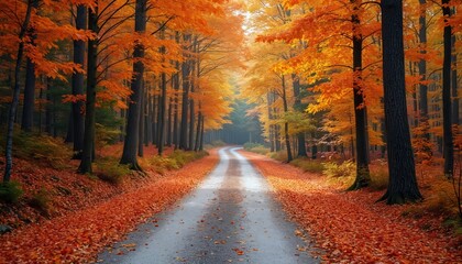 Scenic autumn road leads through forest. Vibrant colors of fall foliage orange, gold. Pathway framed by tall trees, creating idyllic landscape. Serene nature scene with curvy road, inviting adventure
