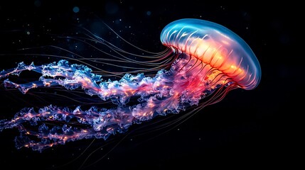 Strikingly colorful jellyfish floating in the dark ocean depths its glowing bioluminescent tendrils trailing behind extreme macro wildlife shot