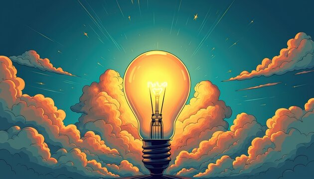 Vibrant pop art illustration features light bulb glowing among fluffy clouds. Retro comic style with vivid colors creates energy, inspiration. Represents idea, innovation, solution, power, success,