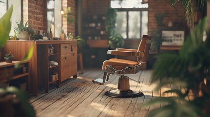 Rustic barbershop interior, filled with plants and natural light.