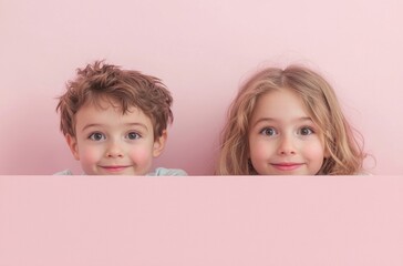 Two adorable kids showcasing their cheerful smiles while peeking over a pink surface create a vibrant and heartwarming visual that celebrates the charm and playfulness of childhood.