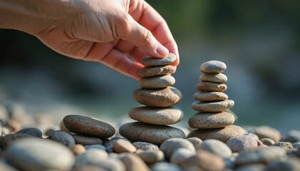 Hand places stone growing cairn building hope. Stones stacked, showing balance, peace, zen. Concept of mindfulness meditation, well-being, spiritual journey. Focus on progress, determination,