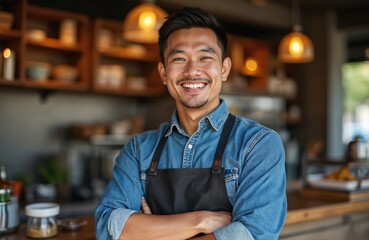 Asian man wears denim shirt apron smiles confidently. Stands at food stall. Culinary chef, seller offers street food. Smiling face welcomes customers to restaurant cafe. Cheerful, friendly customer