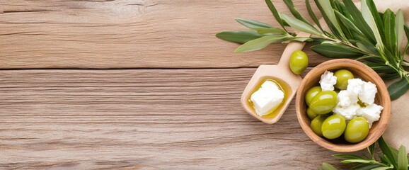 Olives and cheese in wooden bowl fresh ingredients still life food photography
