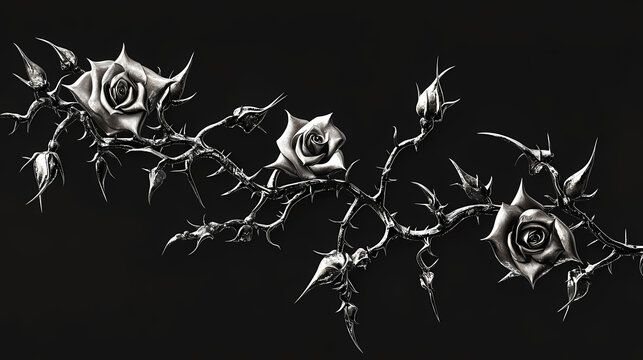 Silver metal rose vines with sharp thorns. gothic prickly vine elements isolated. Flashpetal Vine. Illustration