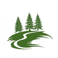 Obraz premium A green landscape illustration, complete with a winding road and trees, is set against a simple white background