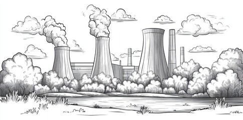 An industrial nuclear power plant illustrated in sketch style on a white background