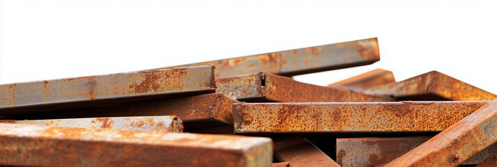 A messy pile of rusty steel beams heavily corroded, showing textures of oxidised metal, scattered across the bottom of the image, set against a clean white background.
