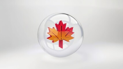 A round, clear glass sphere with a vivid red maple leaf in the center. Makes a patriotic and elegant decoration or gift.