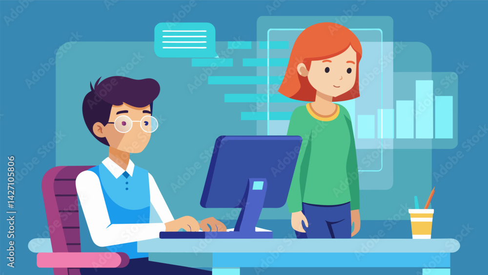 Poster a young student sitting at a desk typing away on a keyboard while a holographic tutor program stands