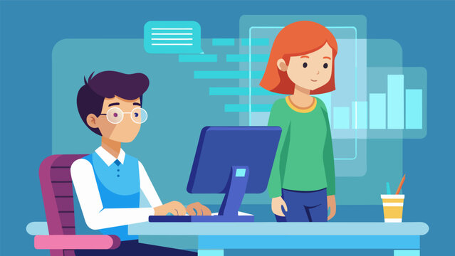 A young student sitting at a desk typing away on a keyboard while a holographic tutor program stands beside her offering helpful tips.. Vector illustration
