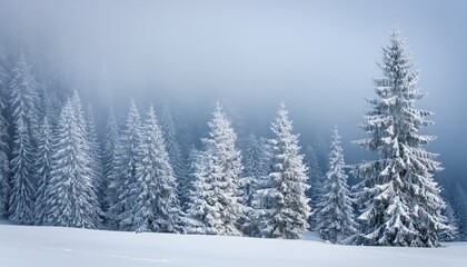 Obraz premium snow covered fir trees in the fog