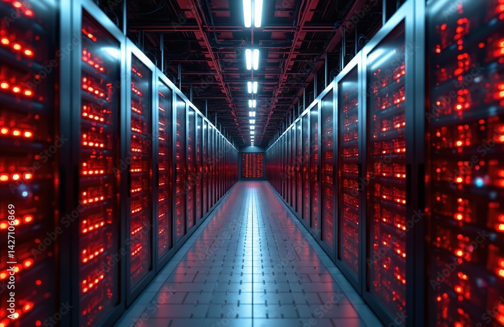 Poster rows of servers light up in black, red hues, modern data center. high technology, vibrant illuminati