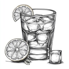 Ice cubes and lemon slices complement refreshing lemonade in a setting with a white background