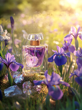 perfume flacon standing on vivid, richly colored spring grass. Around it: stylized visual elements of ambroxan crystals, smooth sculpted sandalwood pieces, elegant violet and purple iris flowers sprea