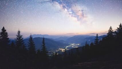 Obraz premium Panoramic view of the starry night sky from a mountainous region with tall trees and lights twinkling in the distance.