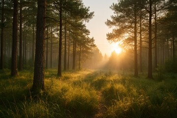 Obraz premium Serene forest sunrise scene