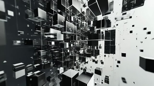Futuristic 3D Cube Design in a Cityscape with Abstract Patterns and Motion Effects