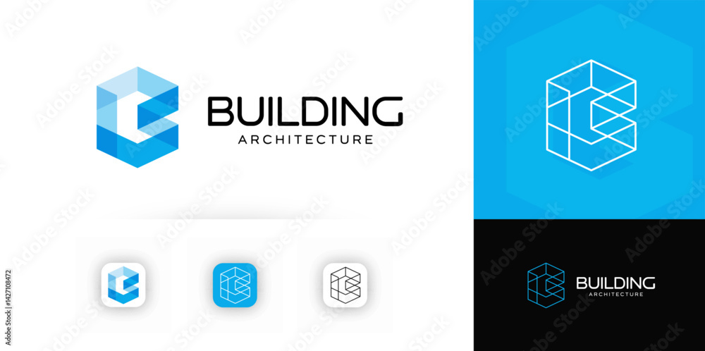 Poster geometric building architecture logo. abstract 3d cube structure for construction company, real esta