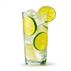 Glass of mojito cocktail with lime slices and ice cubes