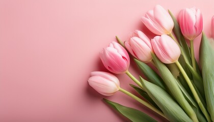 Fototapeta premium fresh tulips on pastel pink background in natural light