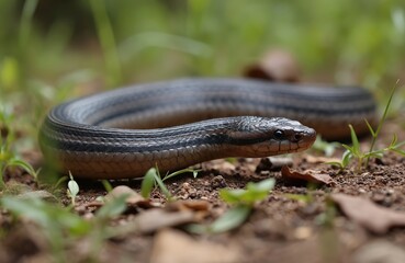 Obraz premium Blind snake Siphonops annulatus rests on ground. Earthworm-like cecilia creature has shiny skin, brown scale. Reptile lives underground, close-up portrait, detail nature life.