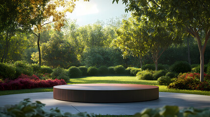 Showcase product podium in a garden setting top view emphasizing tranquil ambiance digital binary as object, vivid. Binary Garden. Illustration