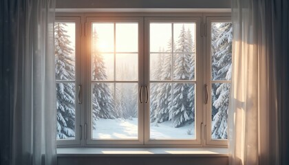 Window with winter forest view. Sun shines through snow covered pine trees. White frame, curtains, window sill. Winter season scene, cozy interior, nature, home, snow landscape.
