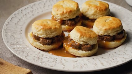 Four sausage and cheese biscuits on a white plate, likely a breakfast or brunch item. The biscuits are hearty with a golden brown crust and filled with pieces of meat.