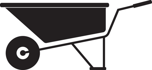 Simplified silhouette of a construction wheelbarrow with handles and a single wheel used to carry materials.
