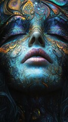 An artistic representation of a closed eyed face with patterns