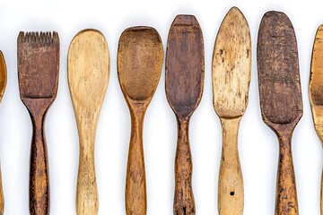 Vintage wooden kitchen utensils in a horizontal row.