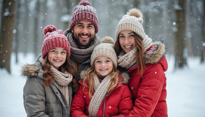 Happy family bundled up in winter clothes in snowy forest. Family smiling, enjoying time outside. Festive holiday season with snow, winter fun, winter vacation, cold weather.