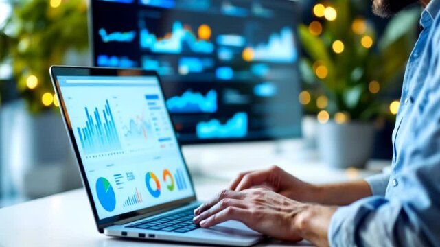 A businessman sits at a sleek desk, focused on his capable laptop computer, zooms in on the screen as colorful graphs and data visualizations emerge