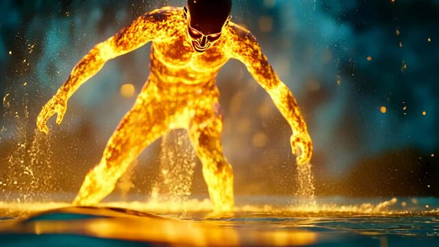 A humanoid figure made of molten lava and fire, standing in the water, with flames erupting around its glowing body against a dark, smoky backdrop.
