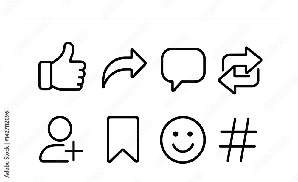 Poster social media outline icon set – linear style communication and sharing symbols for digital interacti