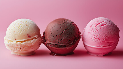 Delightful trio of ice cream scoops on a soft pink background, showcasing subtle textures and flavors in an inviting summer setting