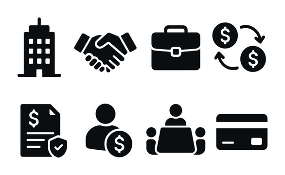 Business and finance icon set – solid style corporate symbols for economic management, trade, and fiscal planning: skyscraper, handshake, briefcase, currency exchange, invoice, meeting, credit card