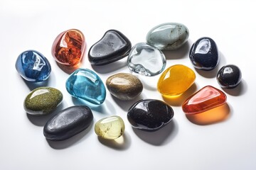 Collection of polished gemstones in various colors and shapes